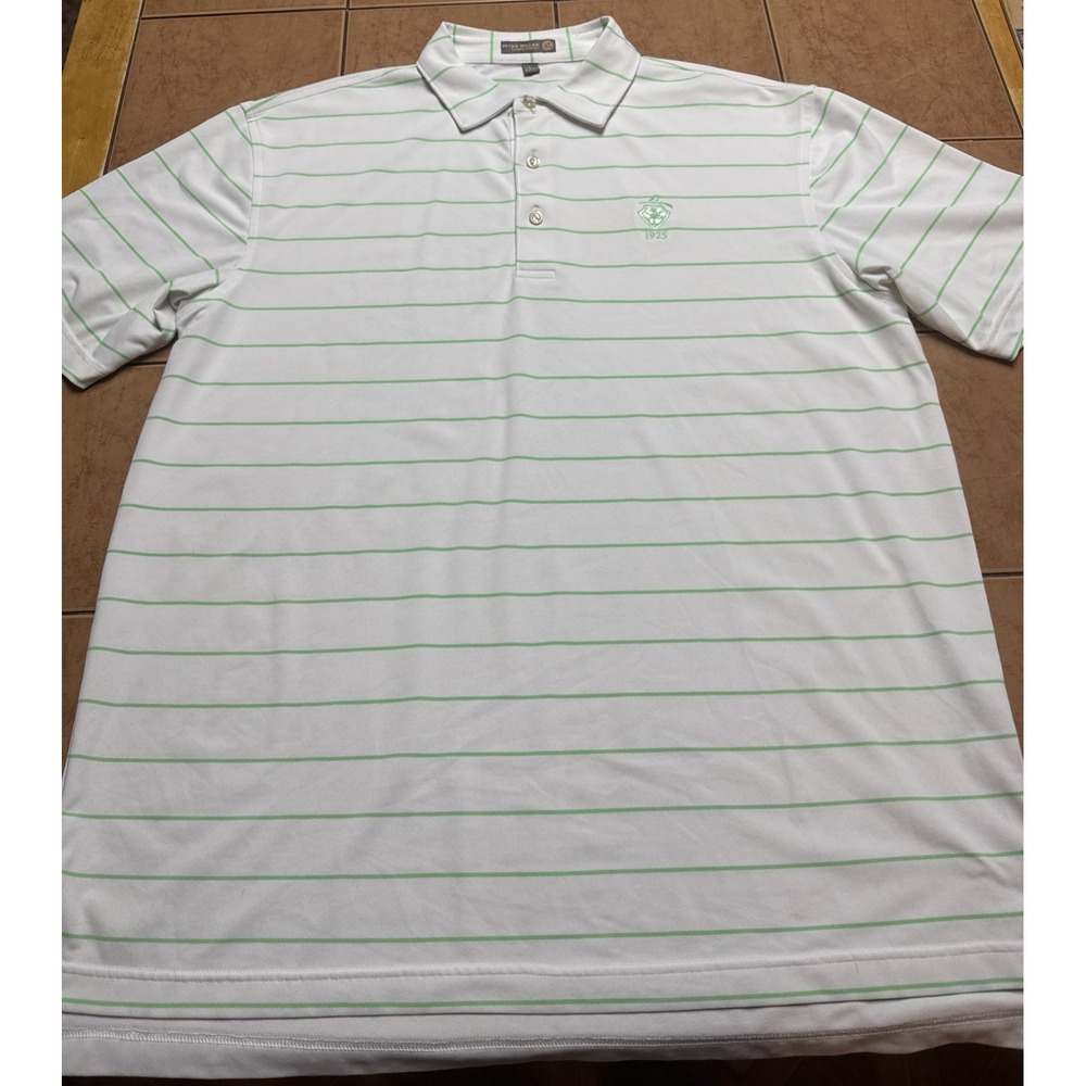 Peter Millar Summer Comfort E4 Golf Shirt Sz‎ Large White Green Striped Logo